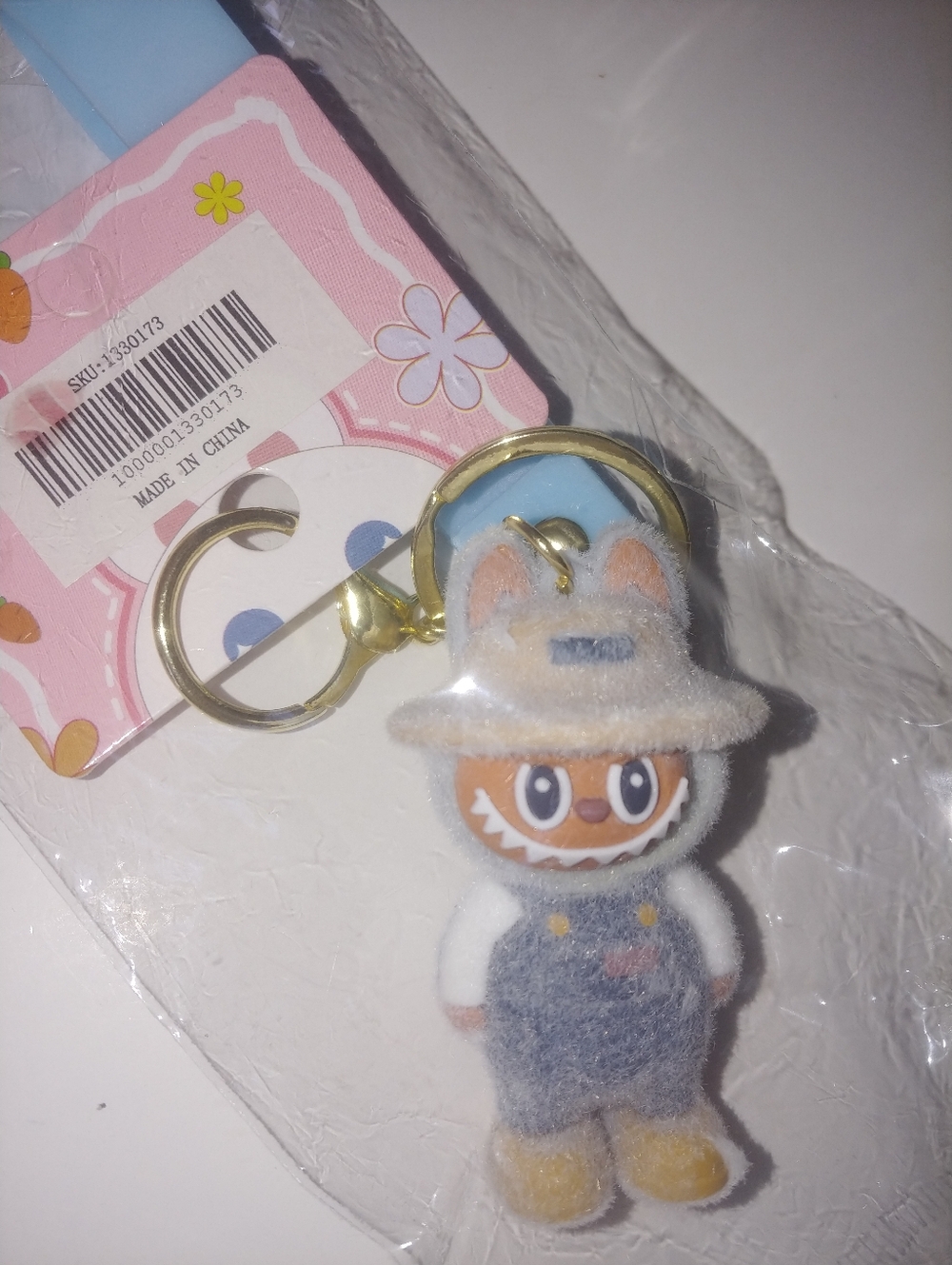 Cute Blue & White Fuzzy Farmer Keychain